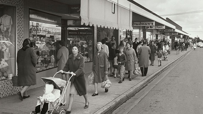 People shopping in Centre Road, Bentleigh. Wolfgang Sievers, 1967. Image © Pictures Collection, State Library of Victoria.